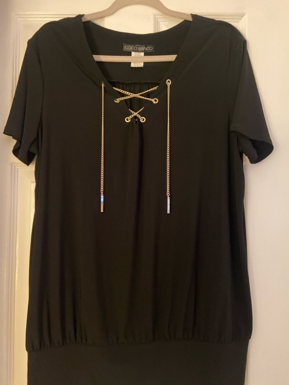 Coco Bianco Black Short Sleeve Top with Gold Chain Lace-Up